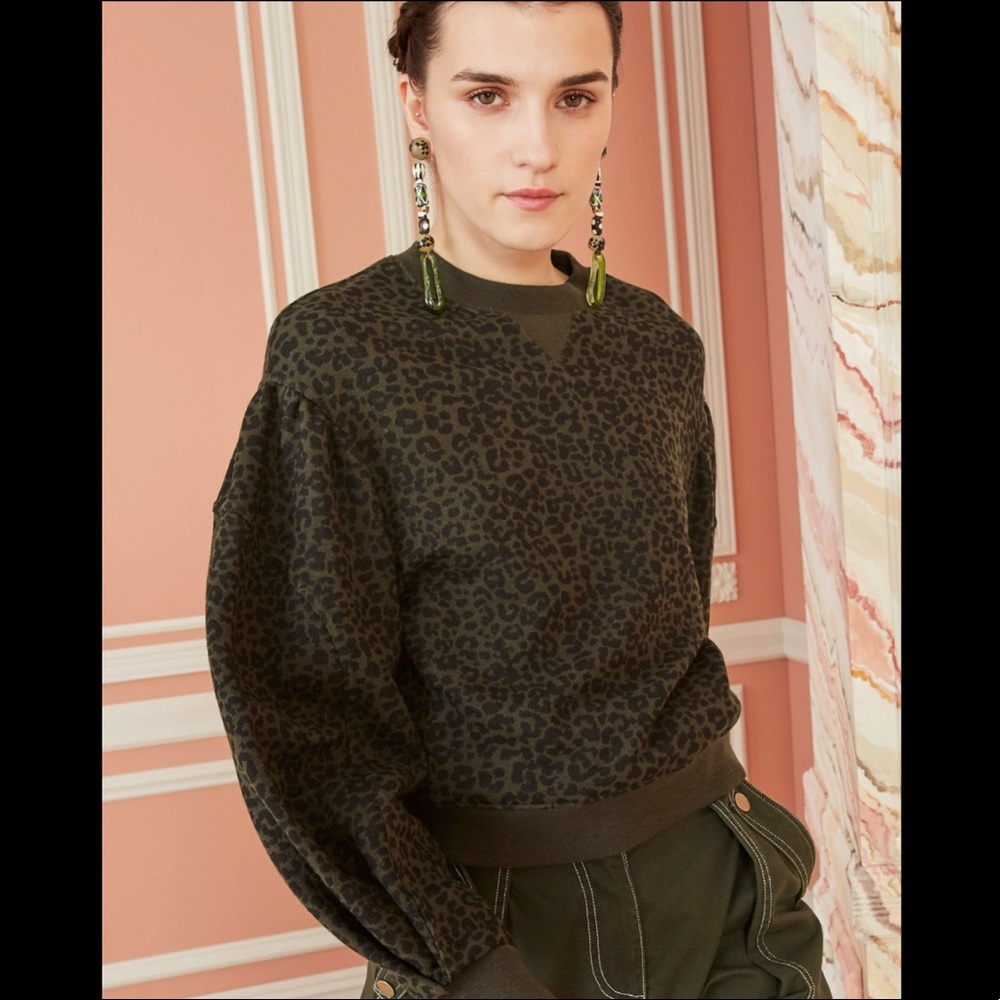 Ulla Johnson Lula Forest Green Leopard Pullover Sweatshirt - Picture 1 of 9